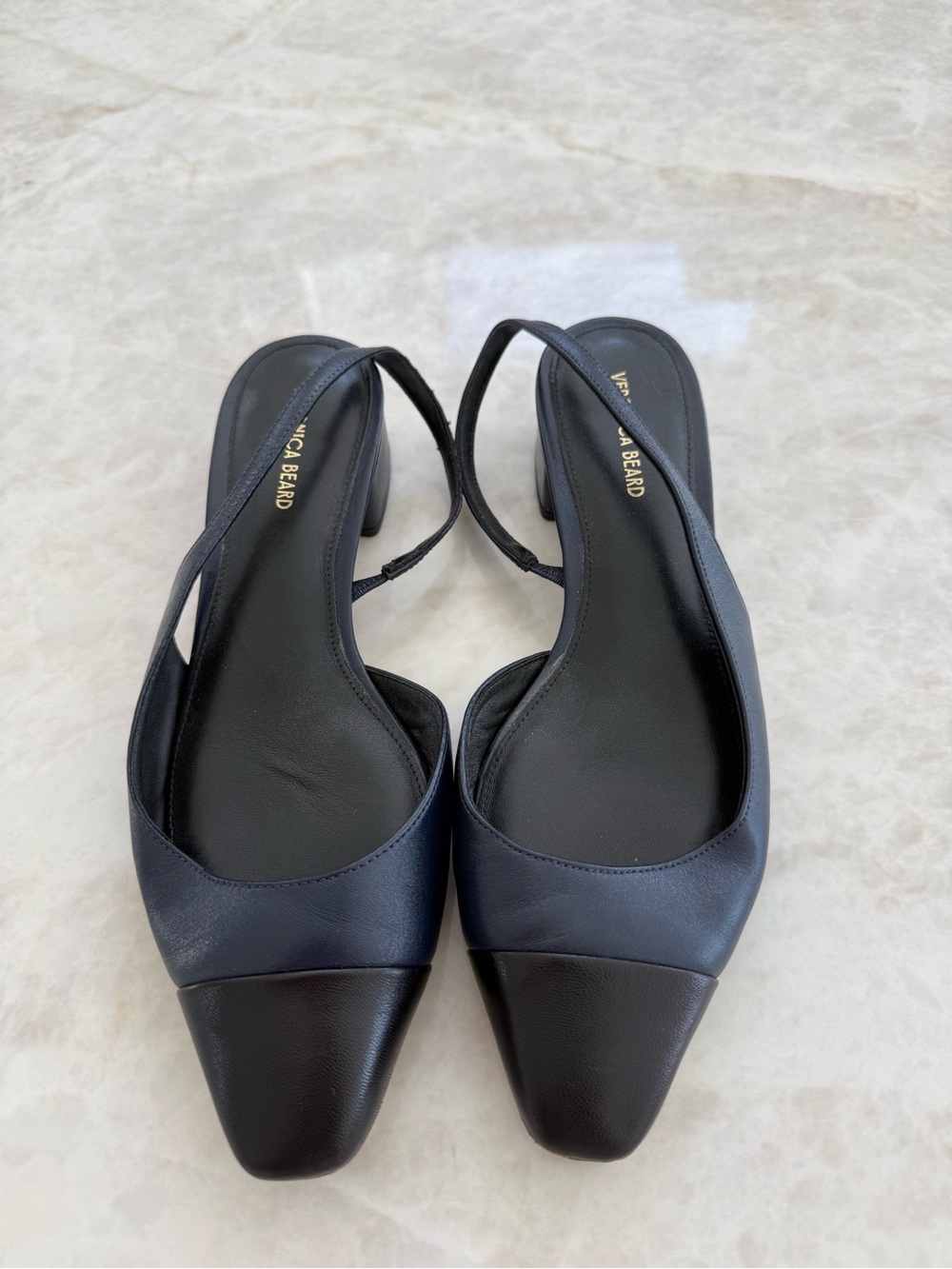 Veronica Beard Two-Tone Black & Navy Leather Slingback Mules